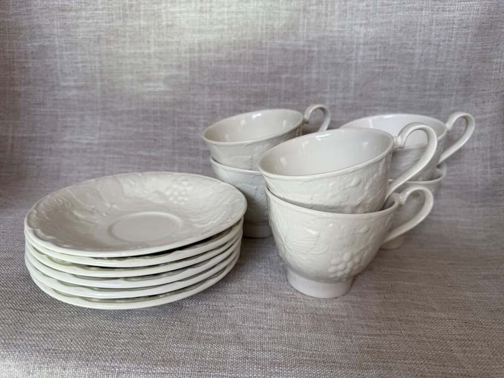 Vintage Burleigh Davenport | 6 Embossed White Tea Cups & Matching Plates